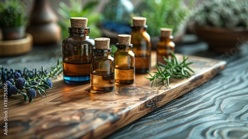 Essential oils with herbs on wooden surface