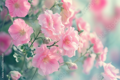 Beautiful pink pastel flowers with flying petals. Blossom delicate spring composition. Generate ai