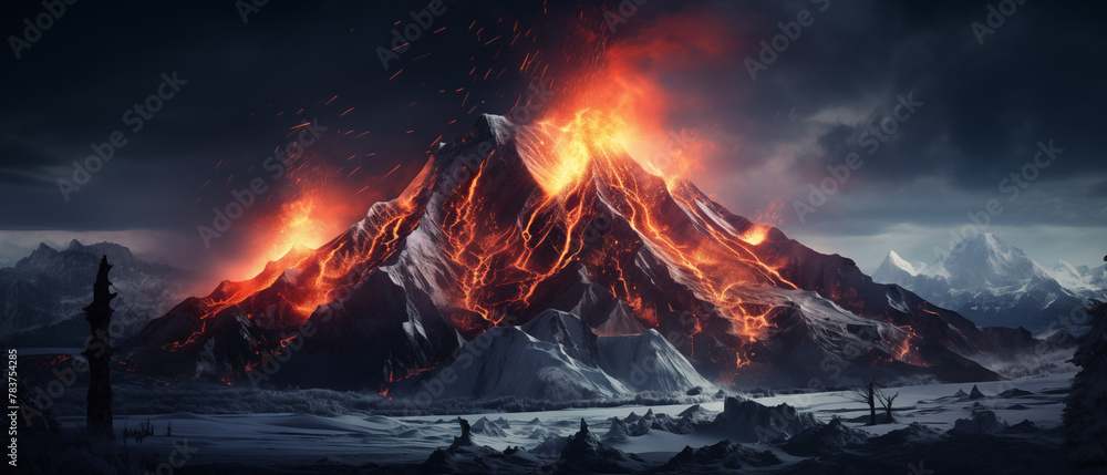 Erupting Volcanic Mountain with Fiery Lava Flows at Dusk