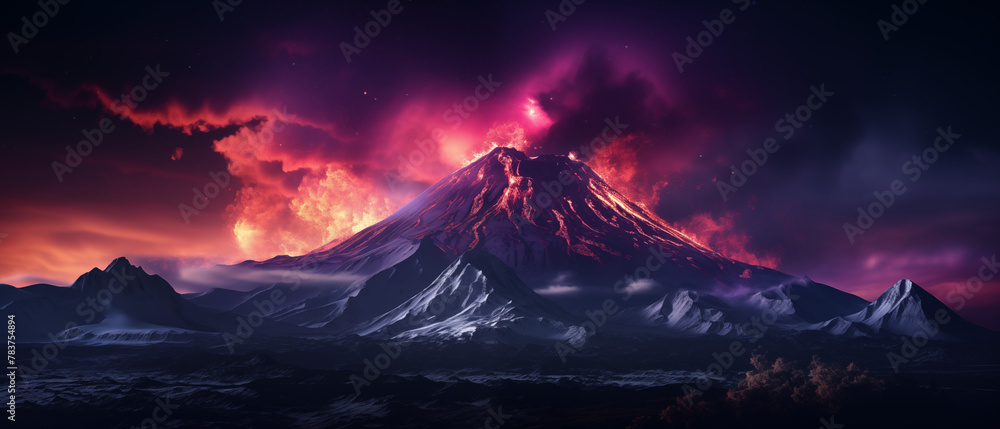 Cataclysmic Volcano Eruption at Night with Lightning and Ash Cloud