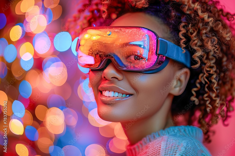 Young woman wearing futuristic glasses with neon lights