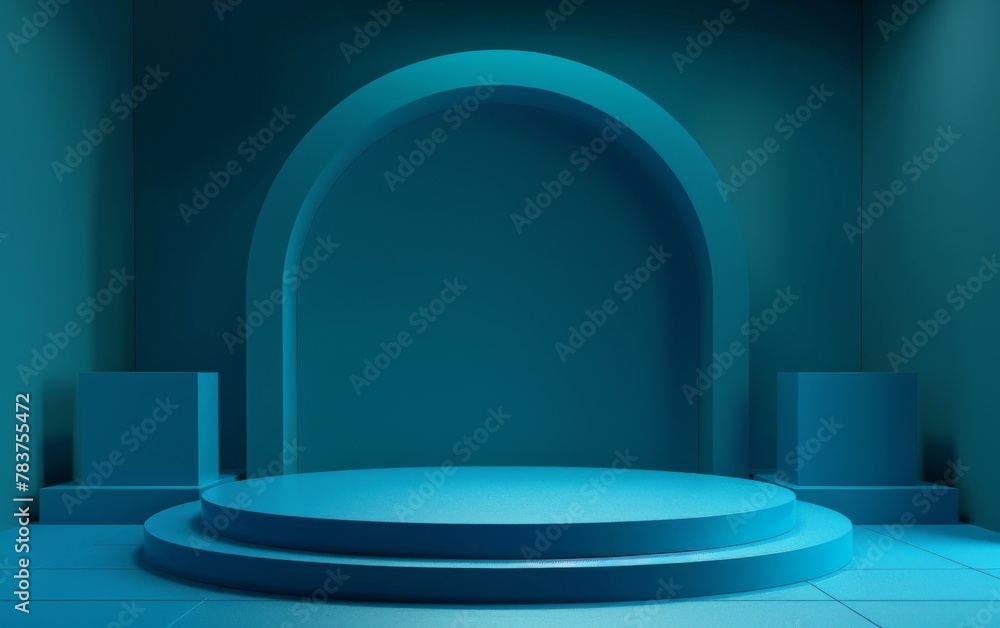 Blue Room with an Empty Podium. Amazing Background for Product Presentation Blue Room with an Empty Podium. Amazing Background for Product Presentation