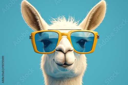A white llama with blue sunglasses against a solid color background