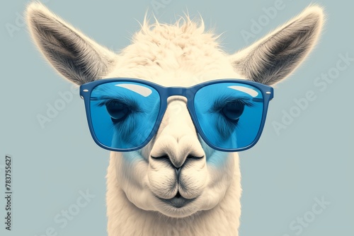 A white llama with blue sunglasses against a solid color background