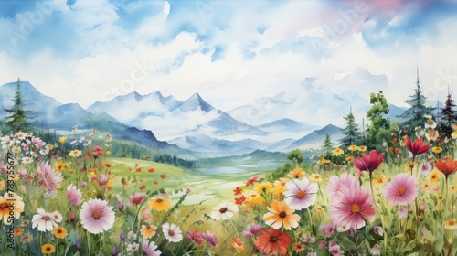 A watercolor painting of a field of flowers in the mountains.