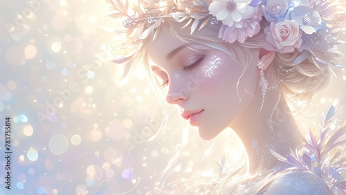 A woman with flowers and feathers in her hair, photorealistic, inspired in the style of fashion photography, ethereal background, pastel colors
