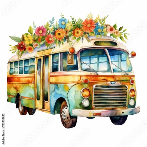 A watercolor painting of a vintage bus with flowers on the roof. © Pawankorn
