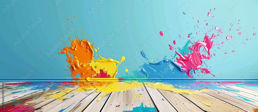 Colorful paint spill on floor in room with blue wall and hardwood surface