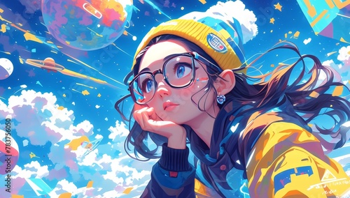 A young girl wearing oversized glasses and a colorful beanie  lost in thought while gazing at the sky filled with dreamy clouds and floating planets. 