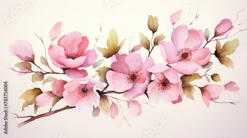 A branch of pink cherry blossoms painted in watercolors. © Pawankorn