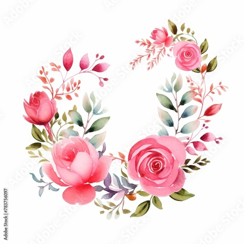 A circle of pink roses with green leaves.
