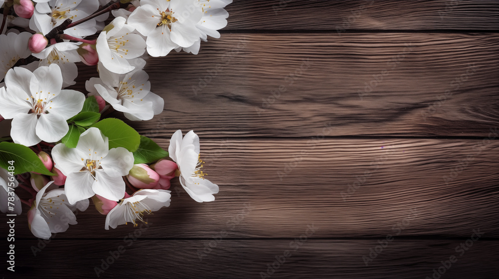 A branch of a flowering tree on a wooden shelf with a view of a flowering garden in the background.
A branch of a flowering tree on a wooden shelf with a view of a flowering garden in the background.