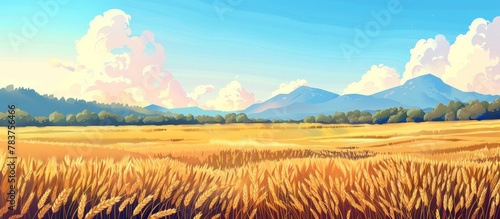 A serene painting capturing a field with a majestic mountain in the background, showcasing nature's beauty photo