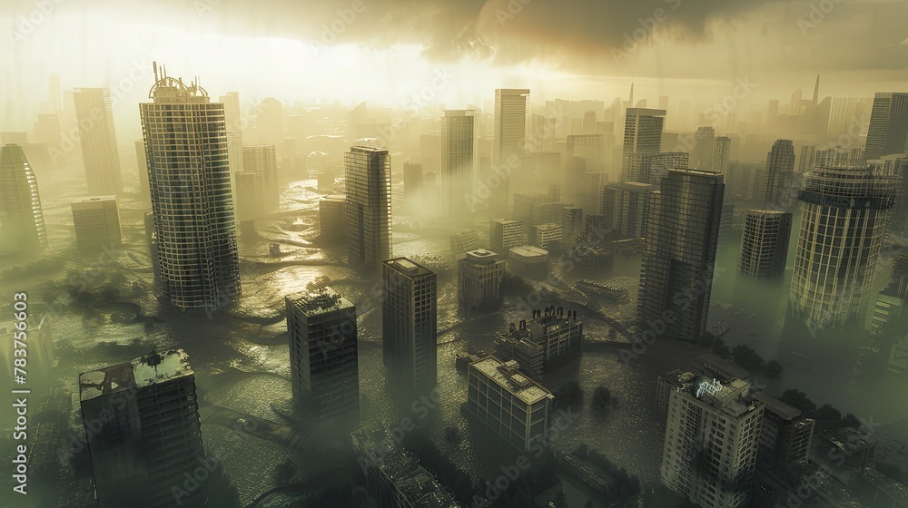 City skyline with rising sea levels futuristic barrier technologies - obrazy, fototapety, plakaty 