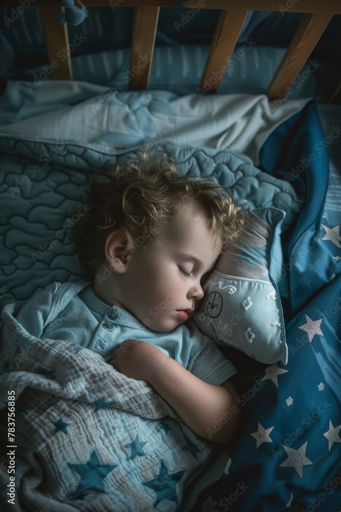 caucasian baby sleeping in bed at night, head on pillow, under blanket, top view. toddler in crib napping, child in cozy dark room, infant sleep bedtime concept caucasian baby sleeping in bed at night, head on pillow, under blanket, top view. toddler in crib napping, child in cozy dark room, infant sleep bedtime concept