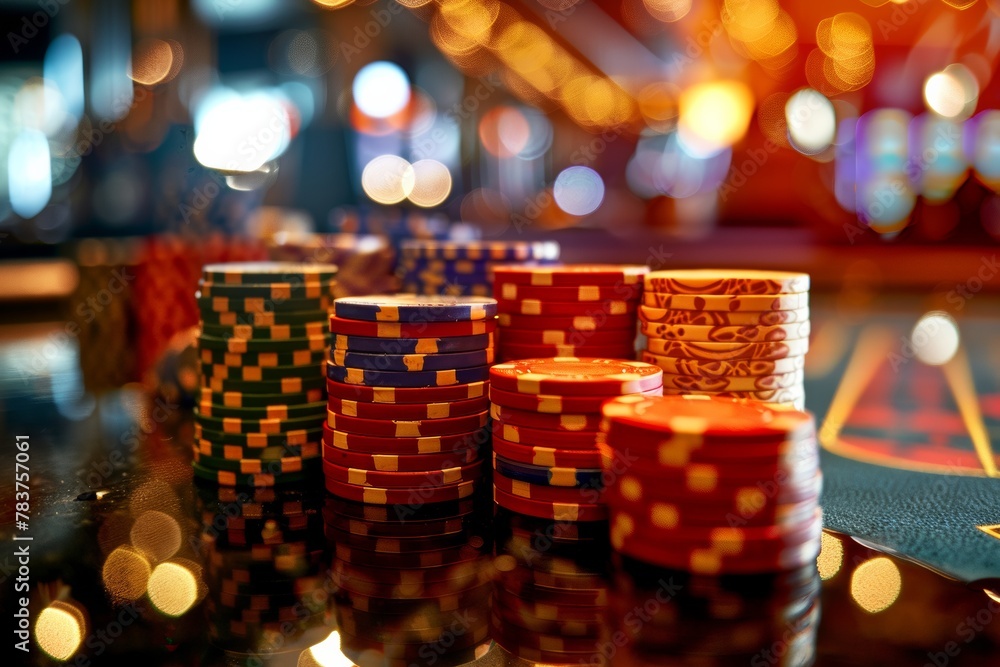 stacks of poker chips on a gaming table in casino, close up shot of piled up gambling chips, casino banner concept with copy space, gamble venue header stacks of poker chips on a gaming table in casino, close up shot of piled up gambling chips, casino banner concept with copy space, gamble venue header
