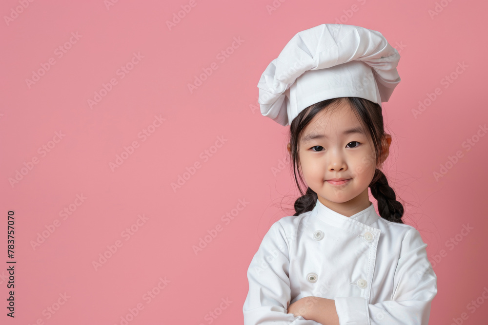 cute asian smiling child in chef’s uniform - hat and clothes - portait on plain background, culinary cooking studio concept with copy space cute asian smiling child in chef’s uniform - hat and clothes - portait on plain background, culinary cooking studio concept with copy space