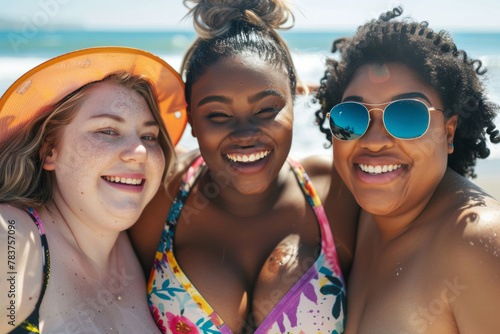 Young diverse chubby women in swim suits laughing on beach, multiracial plus size girls of different skin colors and bodies, african caucaisian and hispanic big female friends smiling summer portrait