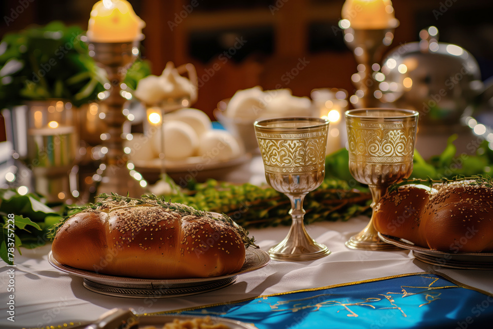 Traditions of Jewish Sabbath, Holiday Shalom, are depicted on kitchen table with traditional challah bread candles AI Generative