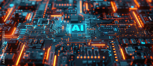 Artificial Intelligence chip with words AI in the center against a background of highly detailed futuristic electronic circuit boards glowing blue and orange