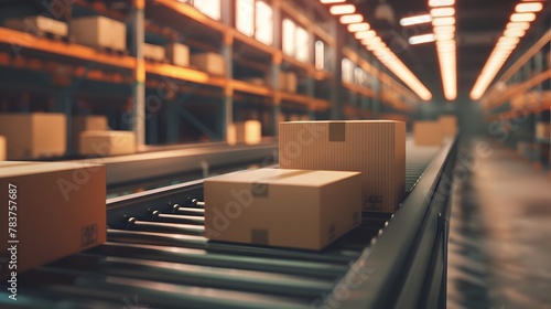 Conveyor belt in a distribution warehouse, showcasing a row of cardboard box packages for delivery