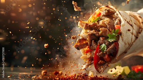 Fresh grilled beef Turkish or chicken Arabic shawarma doner sandwich with flying ingredients and spices
