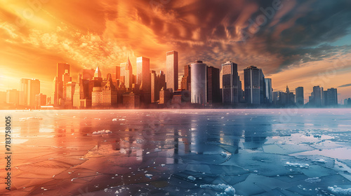 Big city downtown with frozen river and sky on fire, climate change global warming pollution extreme weather