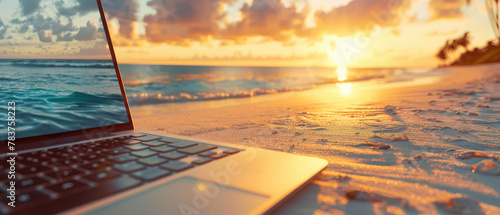 close-up open laptop notebook computer lying on the beach sand at golden sunset light with crashing beach waves created with Generative AI Technology © AstraNova