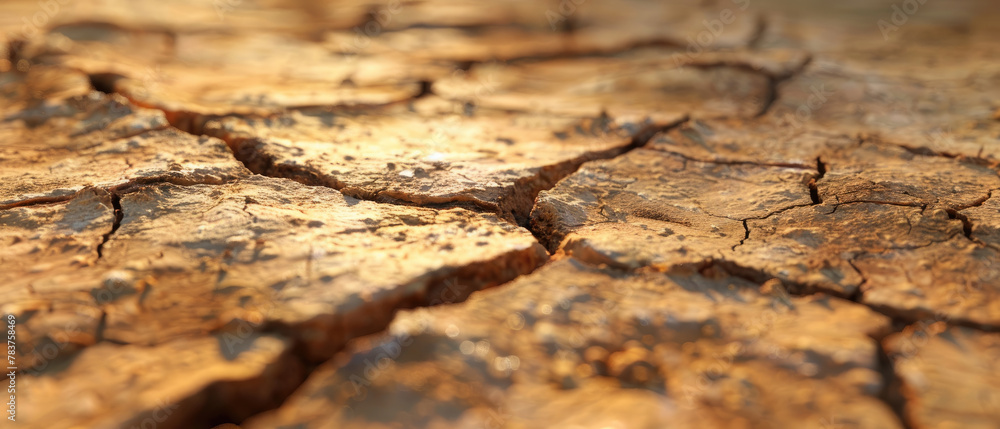 Fototapeta premium close-up of cracked surface soil ground in hot desert with hot sunlight