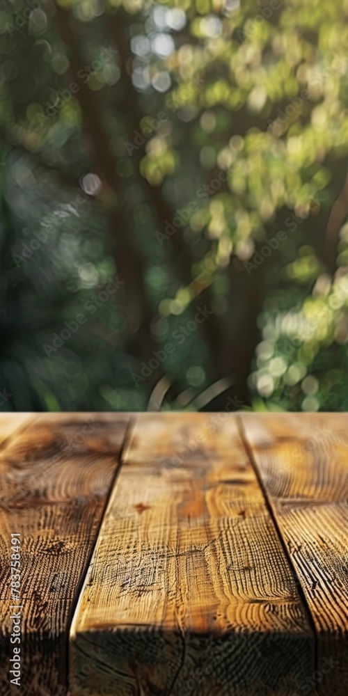 Wooden table with blurry background - obrazy, fototapety, plakaty 