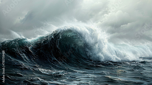 A high-energy image depicting a tumultuous sea with a massive, dark wave, evoking the power and moodiness of nature