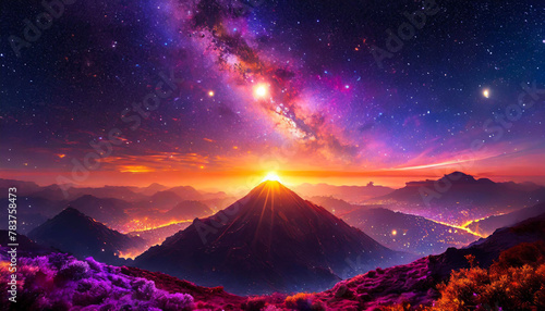 Glowing ultraviolet and radiant sunset scene from a far away galaxy. AI generated. #783758473