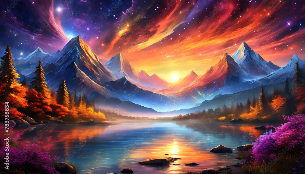 Obraz premium Glowing ultraviolet and radiant sunset scene over the mountains. Generative AI.