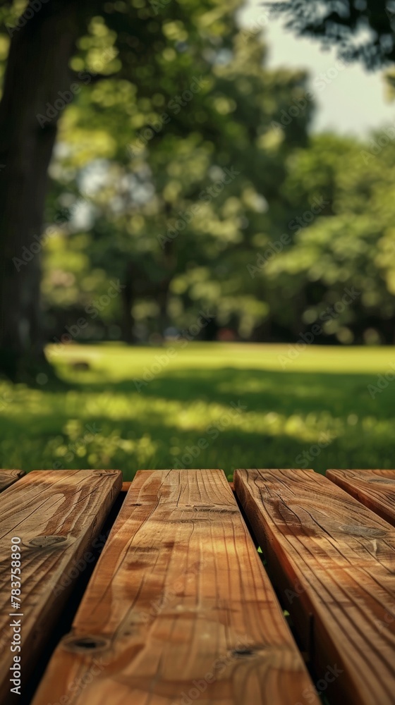 Wooden table close up with tree background Wooden table close up with tree background