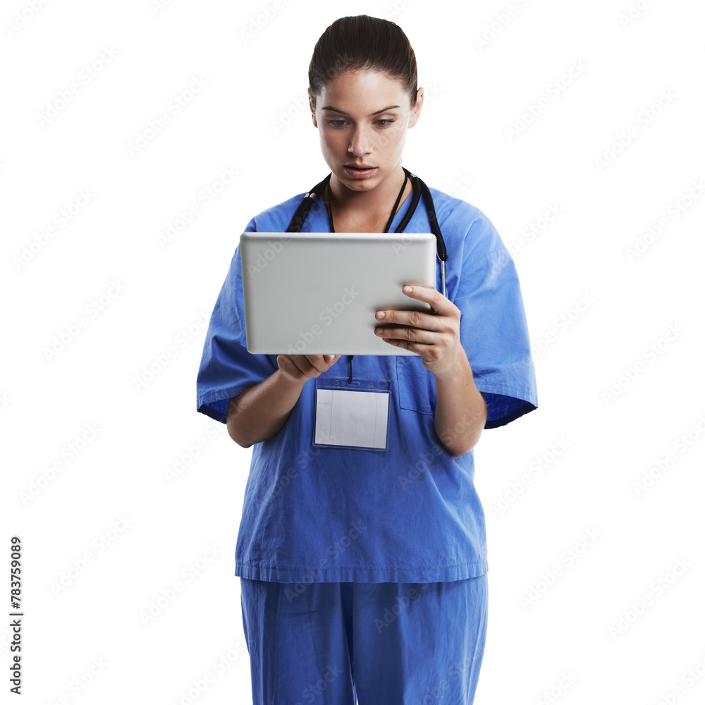 Healthcare, tablet and woman doctor in studio for health newsletter, information or research on white background. Digital, app or nurse with website, search or scroll for Telehealth communication Healthcare, tablet and woman doctor in studio for health newsletter, information or research on white background. Digital, app or nurse with website, search or scroll for Telehealth communication