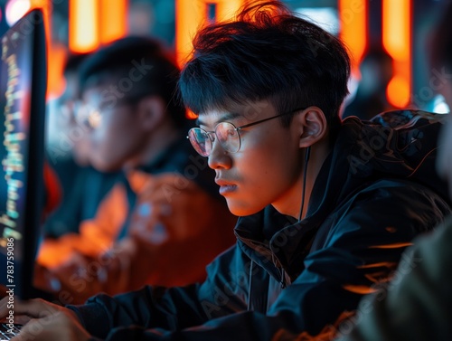 A man wearing glasses is sitting in front of a computer monitor. He is focused on the screen, possibly working on a project or browsing the internet. Concept of concentration and productivity