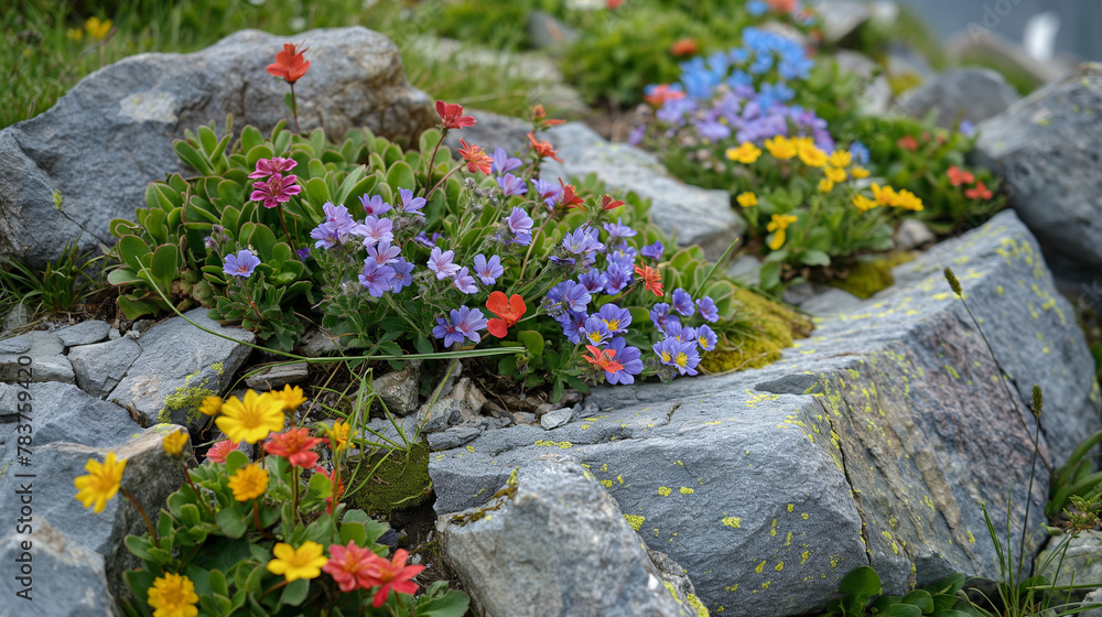 Naklejka premium Rock garden with flowers, alpine slide, blue colours