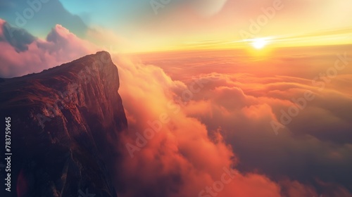 Top of mountain sea of clouds underneath the cliff during sunset birds eye view #783759645