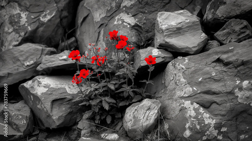 Rock garden with flowers, alpine slide, monochrome with top red photo