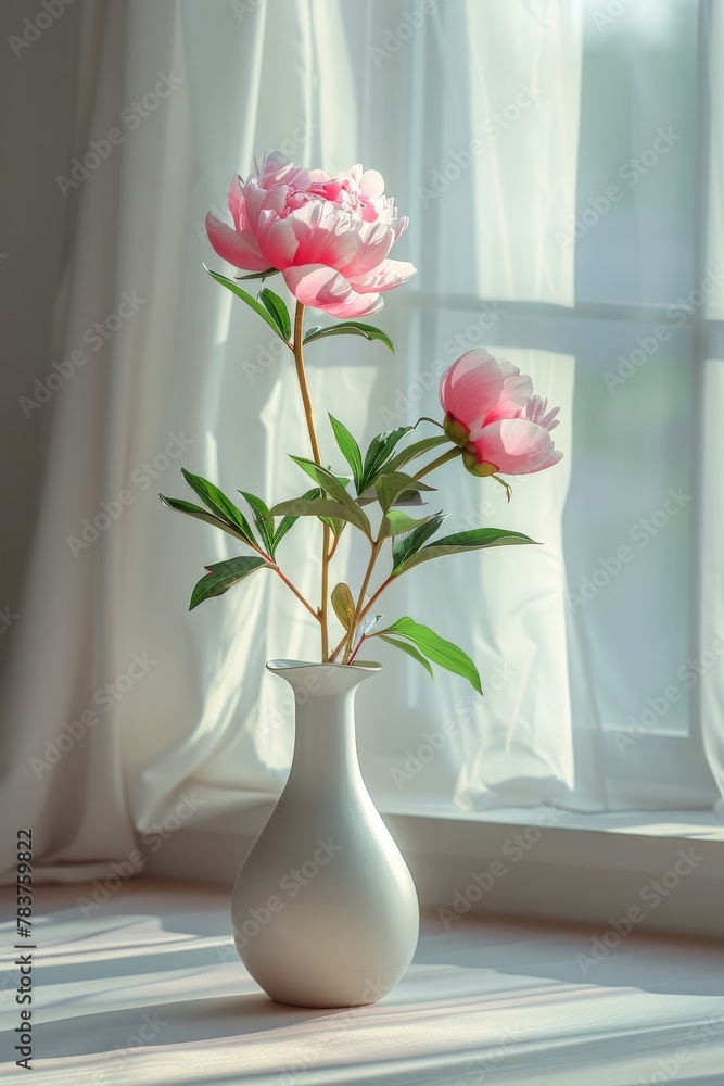 White vase filled with pink flowers by window White vase filled with pink flowers by window
