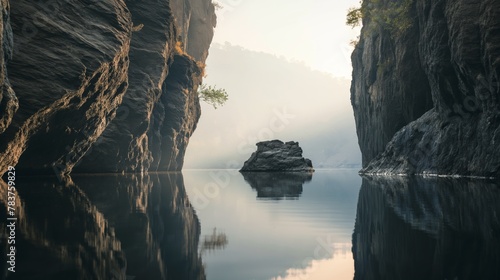 Big rock on tranquil lake between two high rocky cliff reflection on water