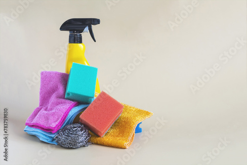 A set of products for cleaning and cleanliness in a very light background