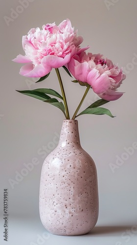 Vase with pink flowers on table