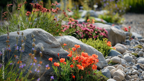 Rock garden with flowers, alpine slide, red colours photo