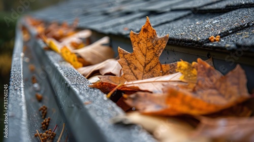 Rain gutter full of autumn leaves photo