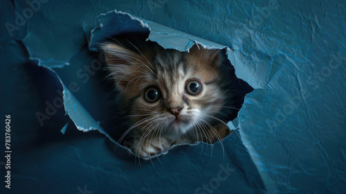 Adorable fluffy Kitten ragdoll cat peeking out through torn hole on blue paper background created with Generative AI Technology photo