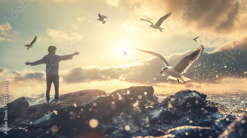 Young man open arms stands on rocks seaside ocean waves birds flying in sky during sunset clouds and sky photo