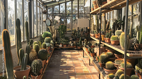 An array of cacti in a sunny greenhouse