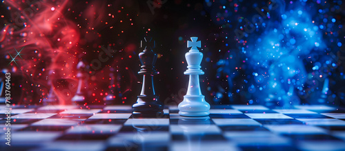 black with white chess on chessboard with bautiful bokeh glittering blue and red lights photo