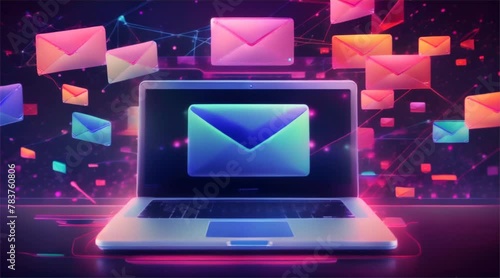 Laptop with email icon on screen and floating colorful envelopes on dark background. Digital communication concept for design and print. Graphic illustration with neon glow and network lines photo